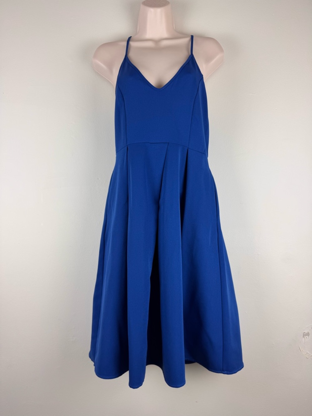 Elia Cher Blue Deep V Backless Midi Dress Spaghetti Strap Size S